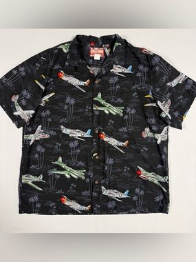RJC Hawaiian Shirt XXL Black Airplane Print Made in USA Cotton